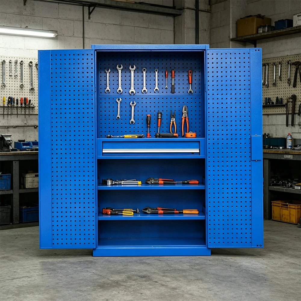 GROVIA Multi-Function Tool Cabinet with Drawer and Mesh Panel for Garage Workshop - Blue