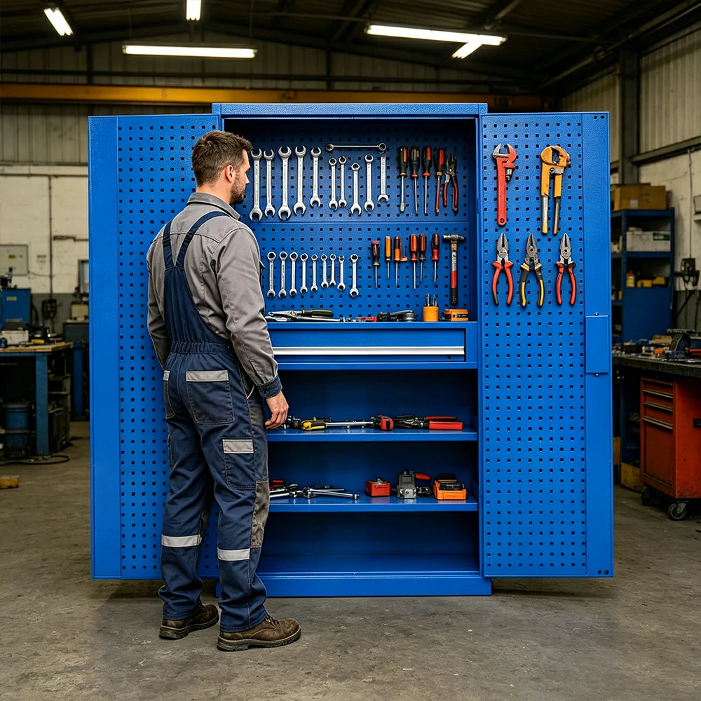 GROVIA Multi-Function Tool Cabinet with Drawer and Mesh Panel for Garage Workshop - Blue