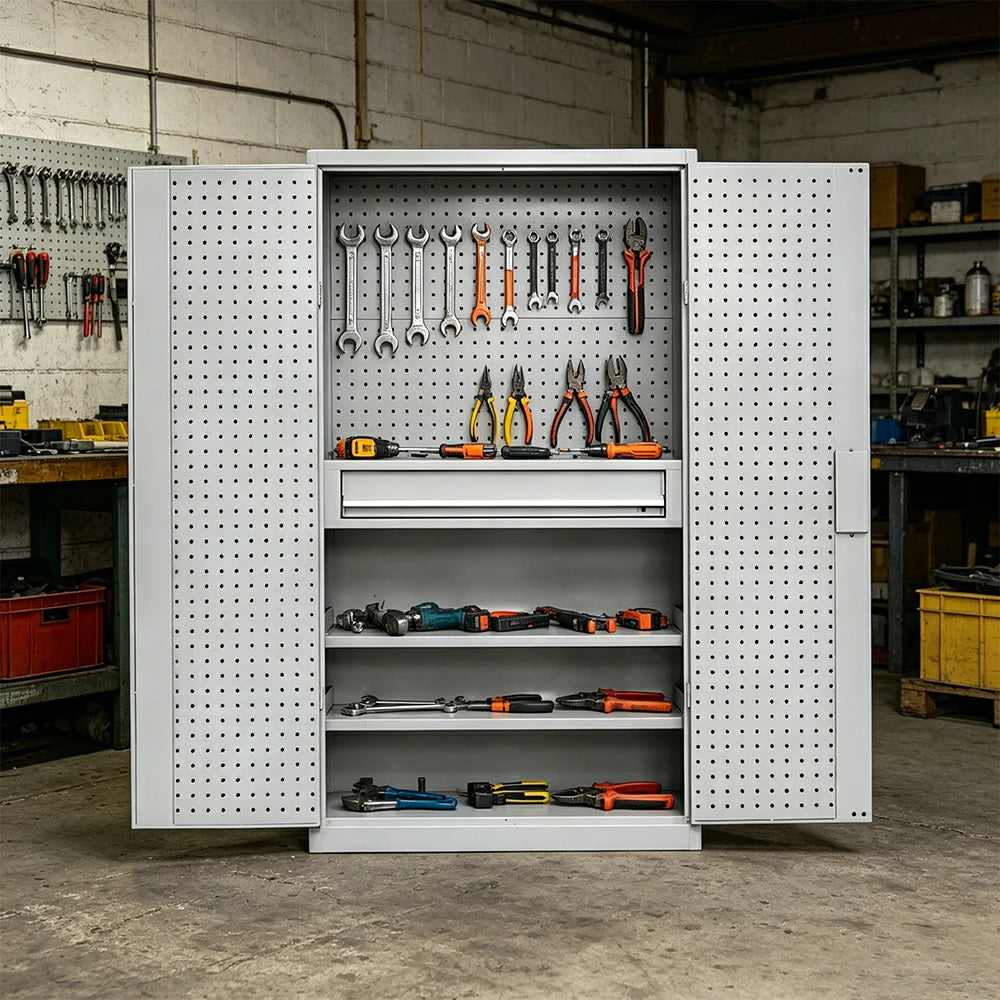 GROVIA Multi-Function Tool Cabinet with Drawer and Mesh Panel for Garage Workshop - Grey White