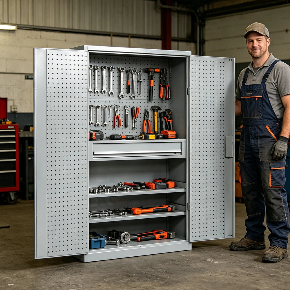 GROVIA Multi-Function Tool Cabinet with Drawer and Mesh Panel for Garage Workshop - Grey White