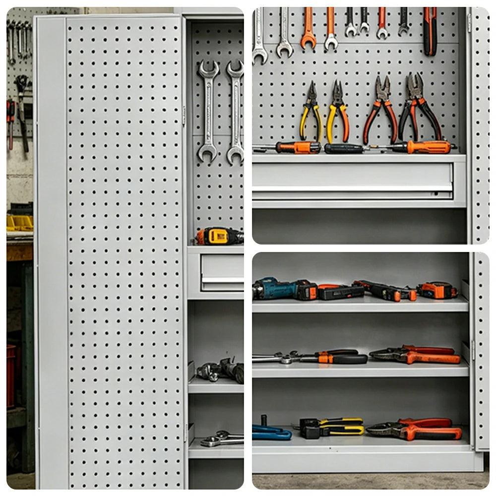 GROVIA Multi-Function Tool Cabinet with Drawer and Mesh Panel for Garage Workshop - Grey White