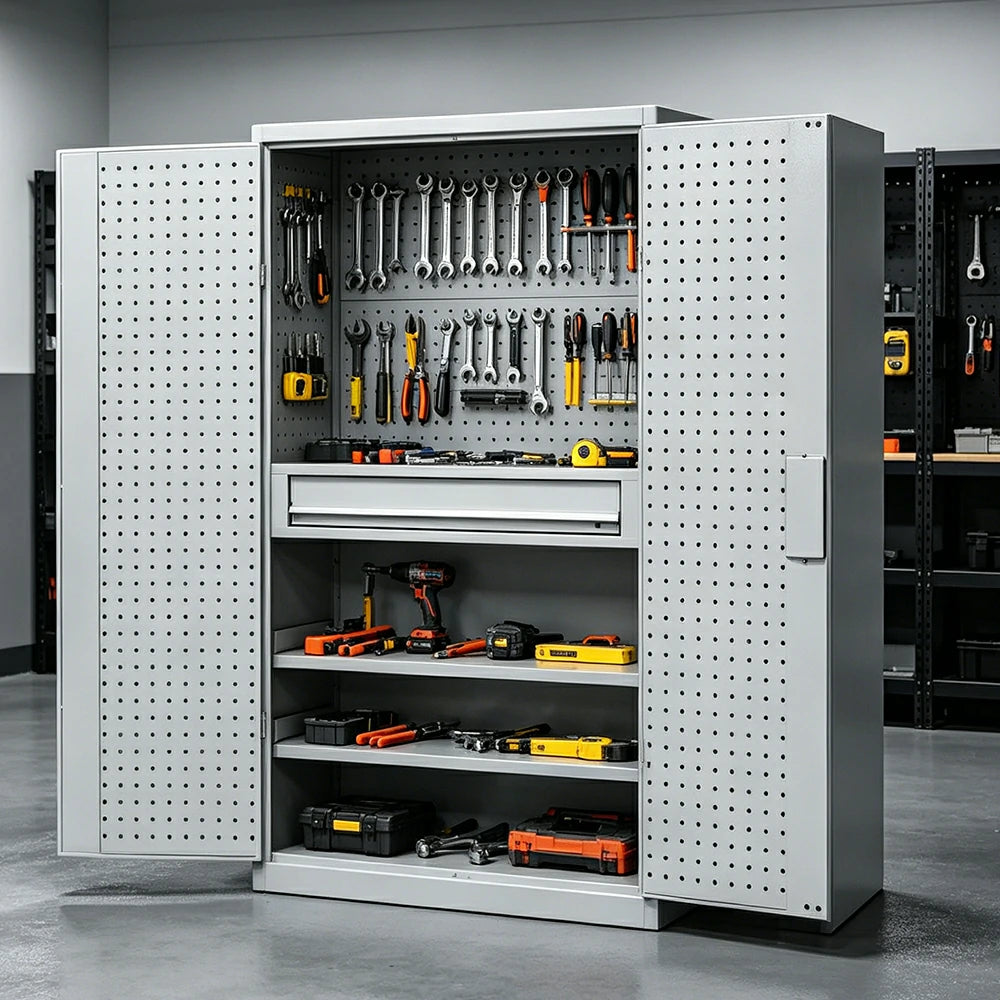 GROVIA Multi-Function Tool Cabinet with Drawer and Mesh Panel for Garage Workshop - Grey White