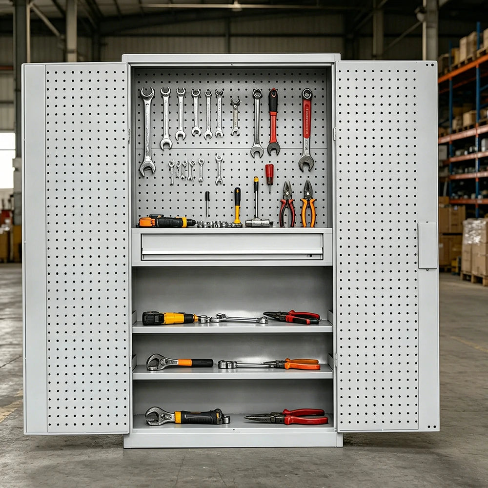 GROVIA Multi-Function Tool Cabinet with Drawer and Mesh Panel for Garage Workshop - Grey White