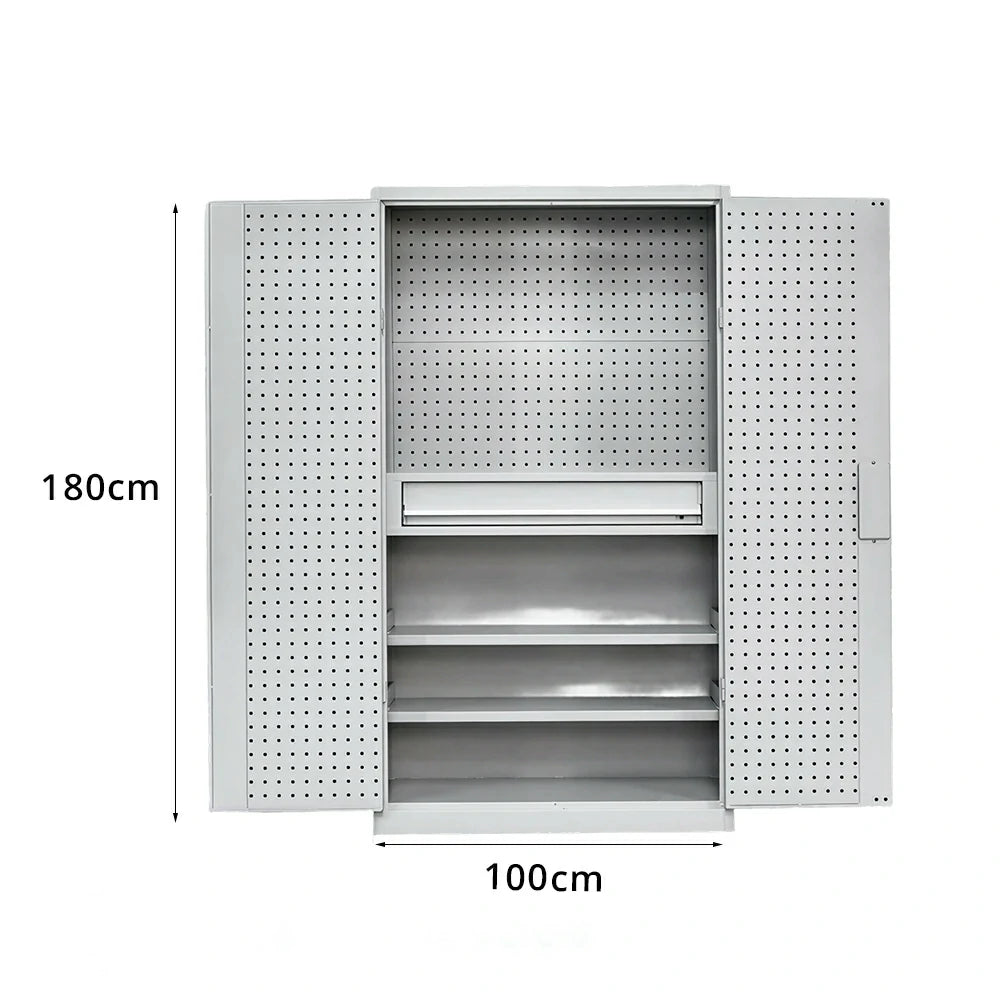 GROVIA Multi-Function Tool Cabinet with Drawer and Mesh Panel for Garage Workshop - Grey White