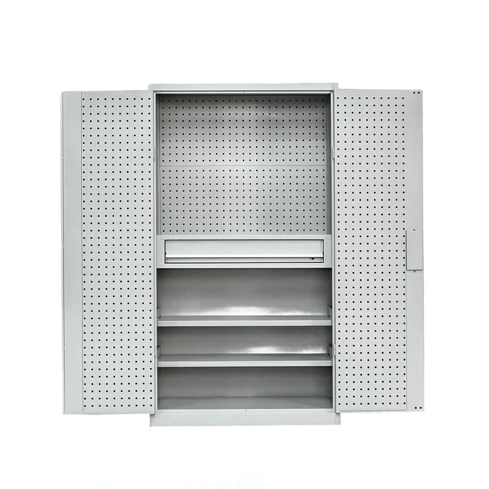 GROVIA Multi-Function Tool Cabinet with Drawer and Mesh Panel for Garage Workshop - Grey White