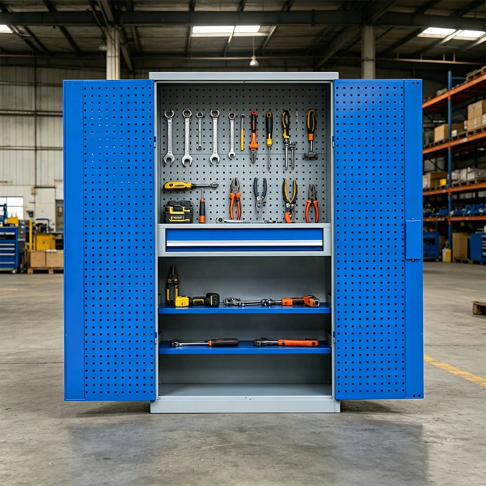 GROVIA Multi-Function Tool Cabinet with Drawer and Mesh Panel for Garage Workshop - Grey Blue