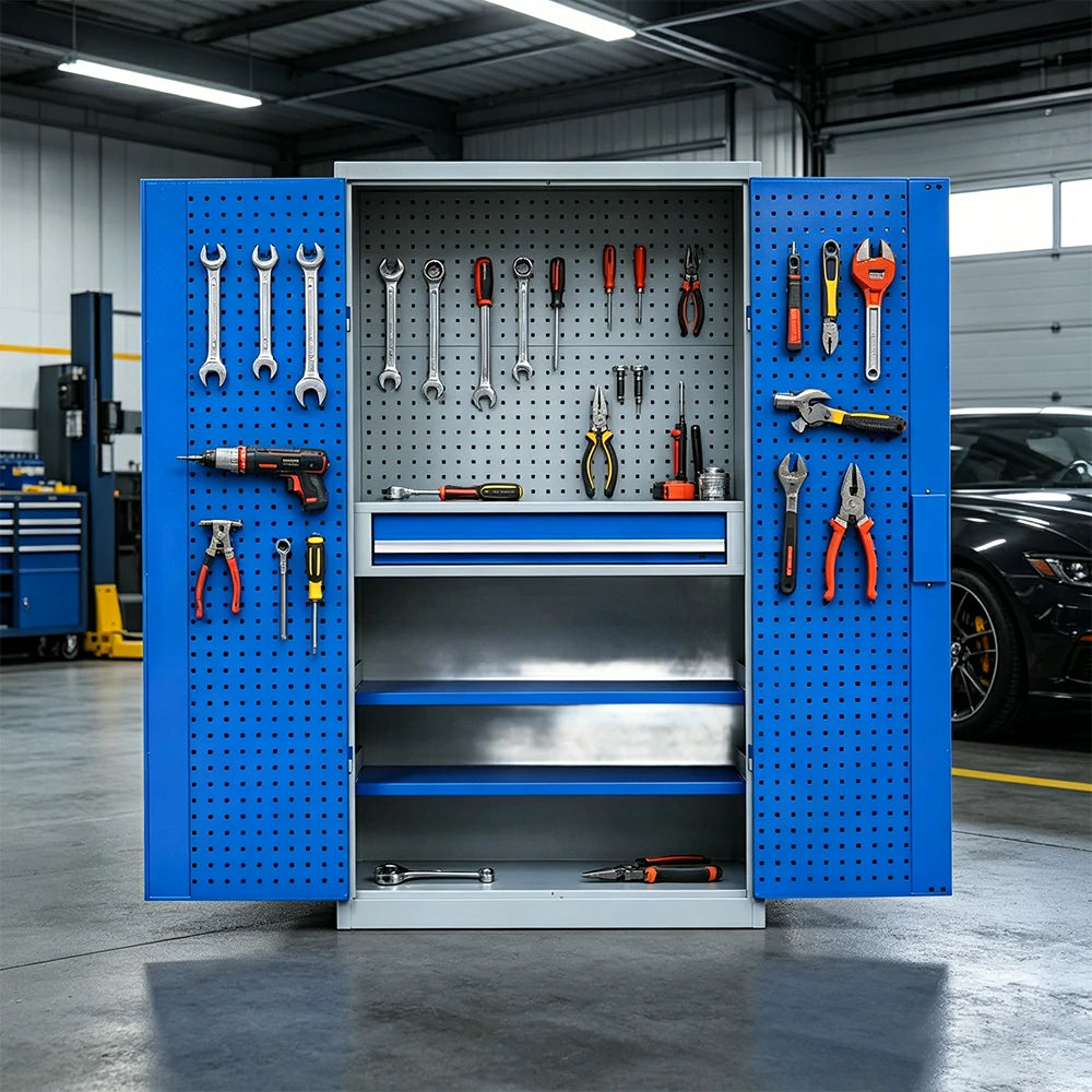 GROVIA Multi-Function Tool Cabinet with Drawer and Mesh Panel for Garage Workshop - Grey Blue