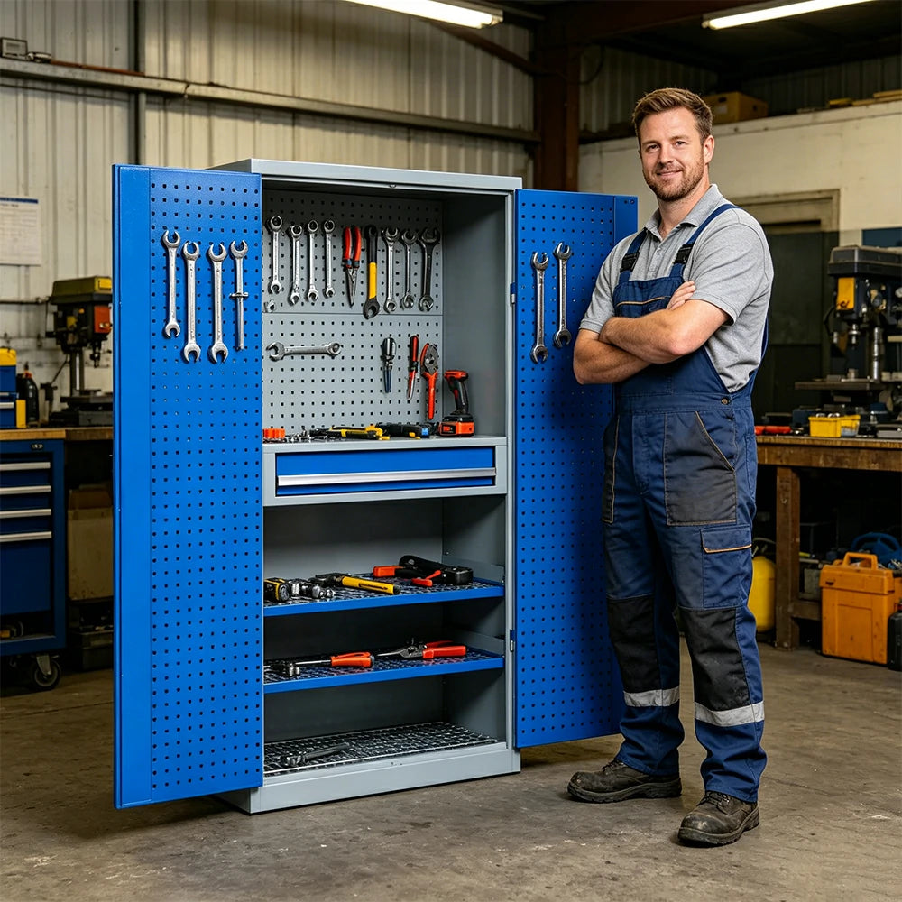 GROVIA Multi-Function Tool Cabinet with Drawer and Mesh Panel for Garage Workshop - Grey Blue