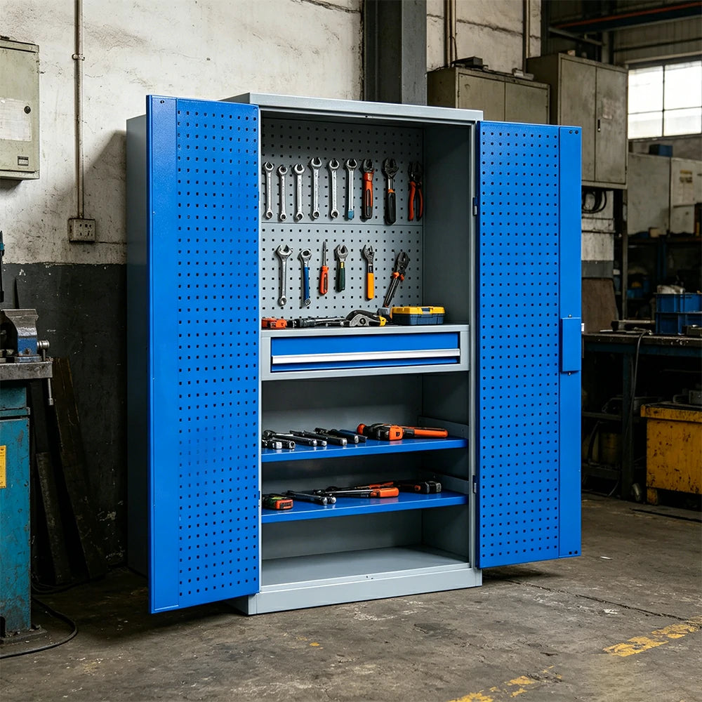 GROVIA Multi-Function Tool Cabinet with Drawer and Mesh Panel for Garage Workshop - Grey Blue