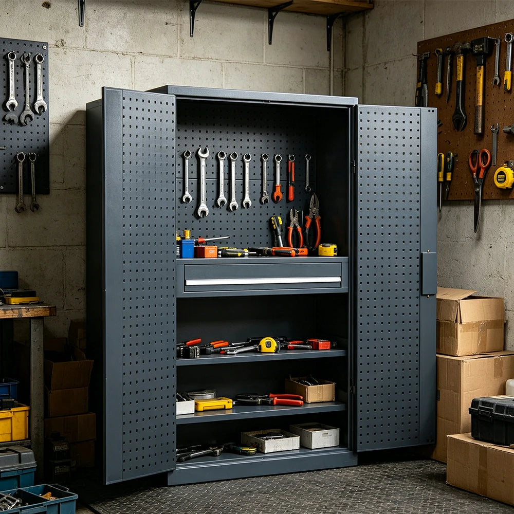 GROVIA Multi-Function Tool Cabinet with Drawer and Mesh Panel for Garage Workshop - Industrial Grey