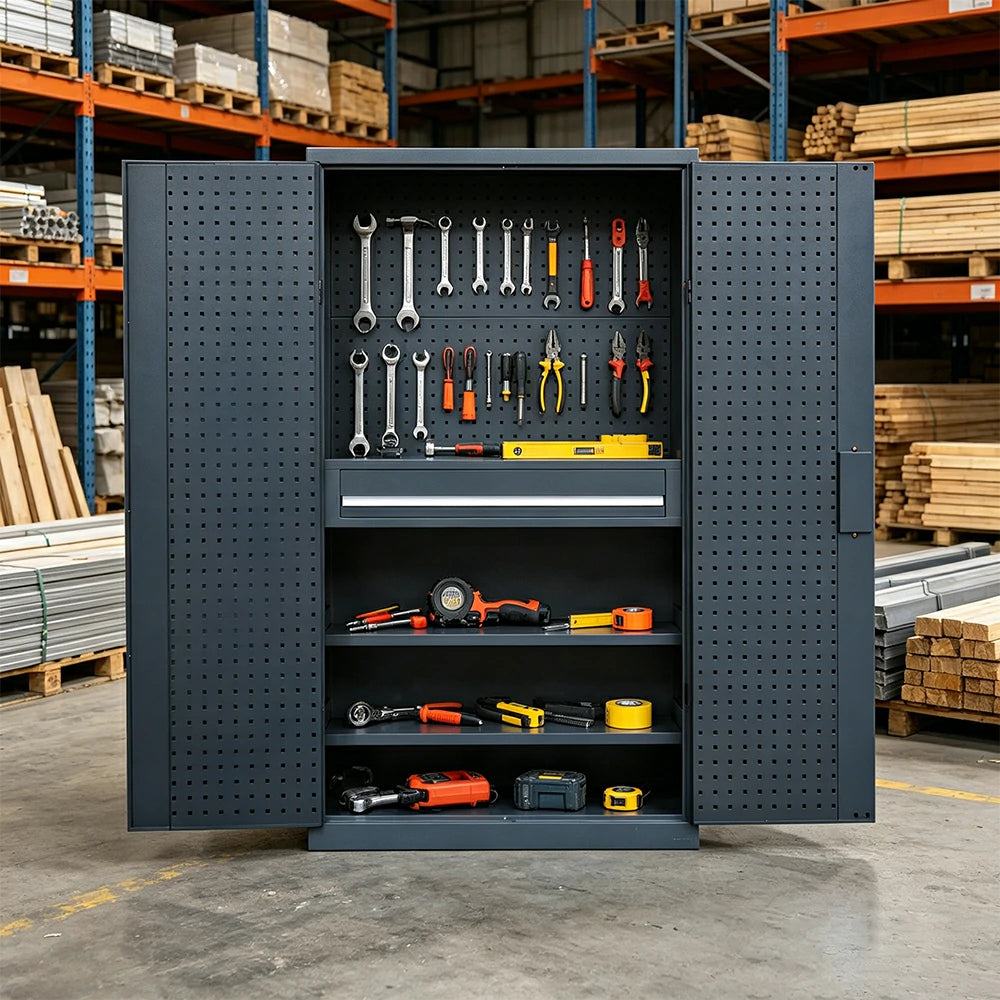 GROVIA Multi-Function Tool Cabinet with Drawer and Mesh Panel for Garage Workshop - Industrial Grey
