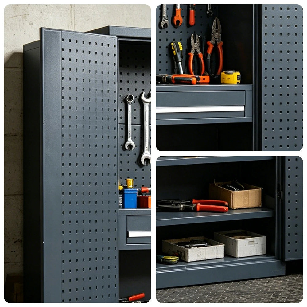 GROVIA Multi-Function Tool Cabinet with Drawer and Mesh Panel for Garage Workshop - Industrial Grey