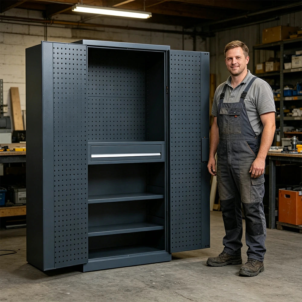 GROVIA Multi-Function Tool Cabinet with Drawer and Mesh Panel for Garage Workshop - Industrial Grey
