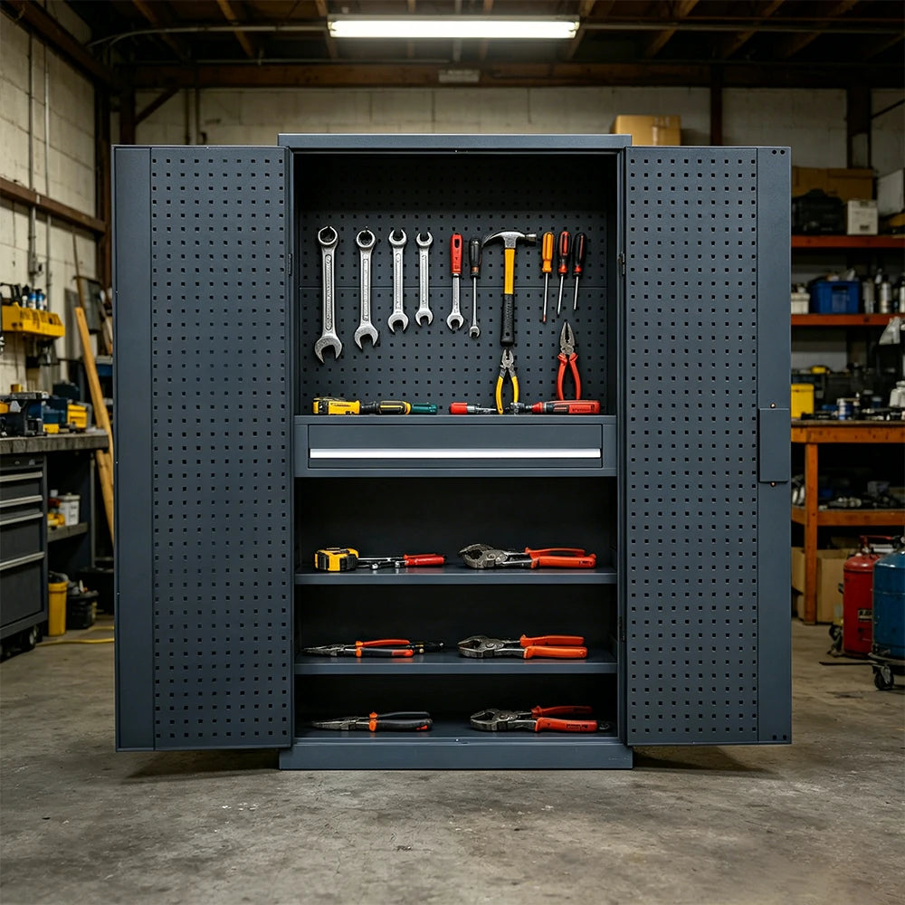 GROVIA Multi-Function Tool Cabinet with Drawer and Mesh Panel for Garage Workshop - Industrial Grey