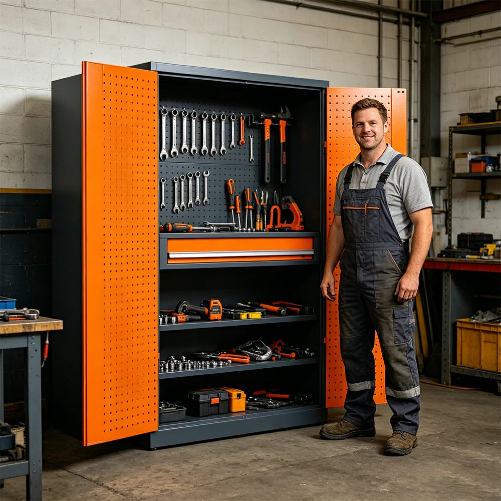 GROVIA Multi-Function Tool Cabinet with Drawer and Mesh Panel for Garage Workshop - Orange Grey