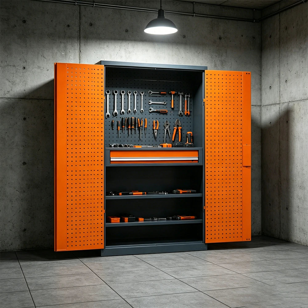 GROVIA Multi-Function Tool Cabinet with Drawer and Mesh Panel for Garage Workshop - Orange Grey