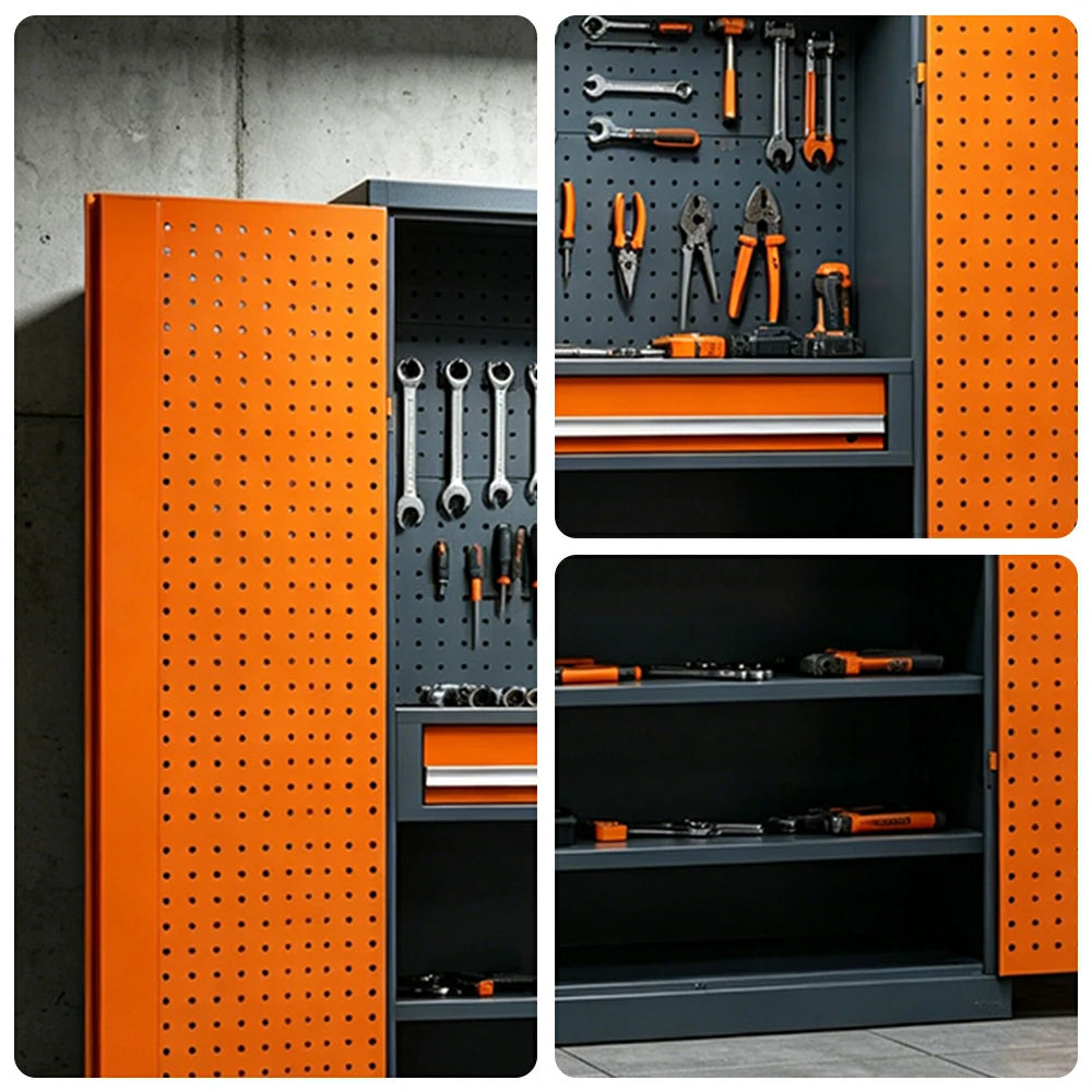 GROVIA Multi-Function Tool Cabinet with Drawer and Mesh Panel for Garage Workshop - Orange Grey