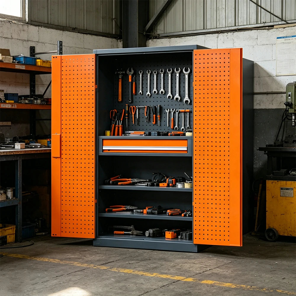 GROVIA Multi-Function Tool Cabinet with Drawer and Mesh Panel for Garage Workshop - Orange Grey