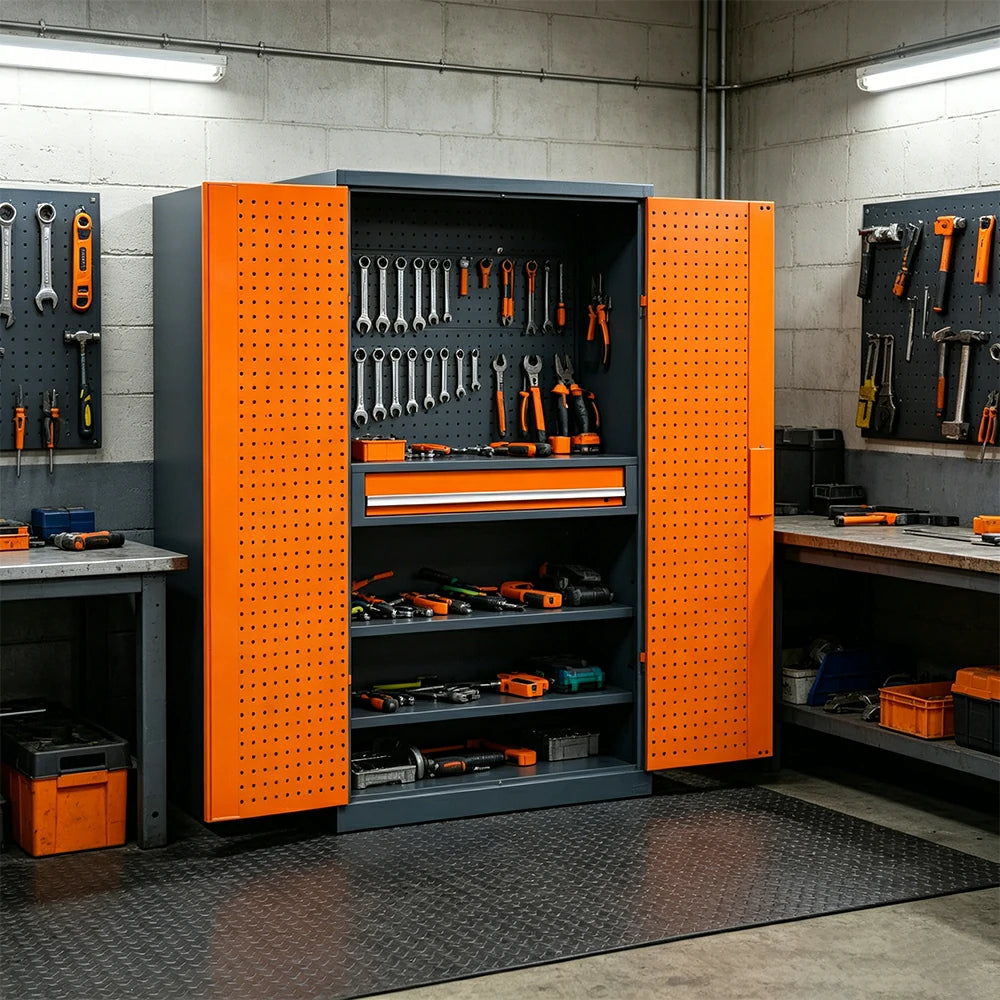 GROVIA Multi-Function Tool Cabinet with Drawer and Mesh Panel for Garage Workshop - Orange Grey