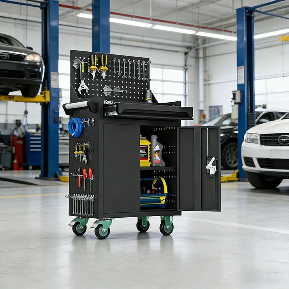 GROVIA Mobile Tool Trolley with Pegboard - Single Drawer Design, Heavy-Duty Steel Cabinet, Lockable Storage for Workshop & Garage - Graphite Grey