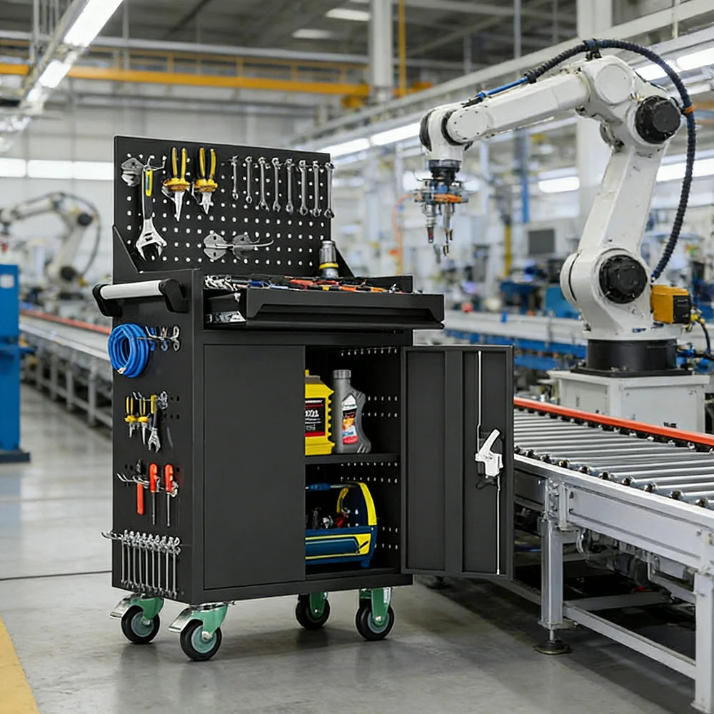 GROVIA Mobile Tool Trolley with Pegboard - Single Drawer Design, Heavy-Duty Steel Cabinet, Lockable Storage for Workshop & Garage - Graphite Grey