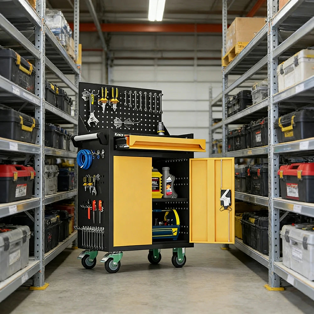 GROVIA Mobile Tool Trolley with Pegboard - Single Drawer Design, Heavy-Duty Steel Cabinet, Lockable Storage for Workshop & Garage - Yellow