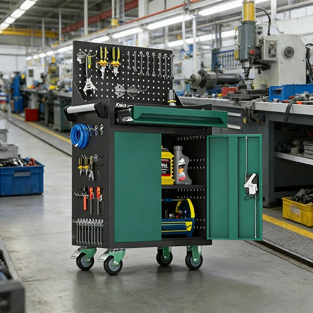 GROVIA Mobile Tool Trolley with Pegboard - Single Drawer Design, Heavy-Duty Steel Cabinet, Lockable Storage for Workshop & Garage - Green