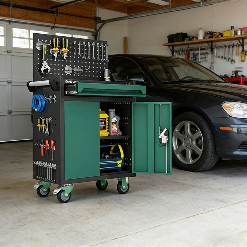 GROVIA Mobile Tool Trolley with Pegboard - Single Drawer Design, Heavy-Duty Steel Cabinet, Lockable Storage for Workshop & Garage - Green
