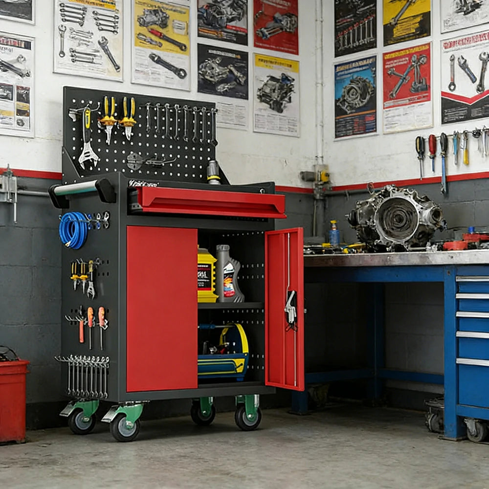 GROVIA Mobile Tool Trolley with Pegboard - Single Drawer Design, Heavy-Duty Steel Cabinet, Lockable Storage for Workshop & Garage - Red