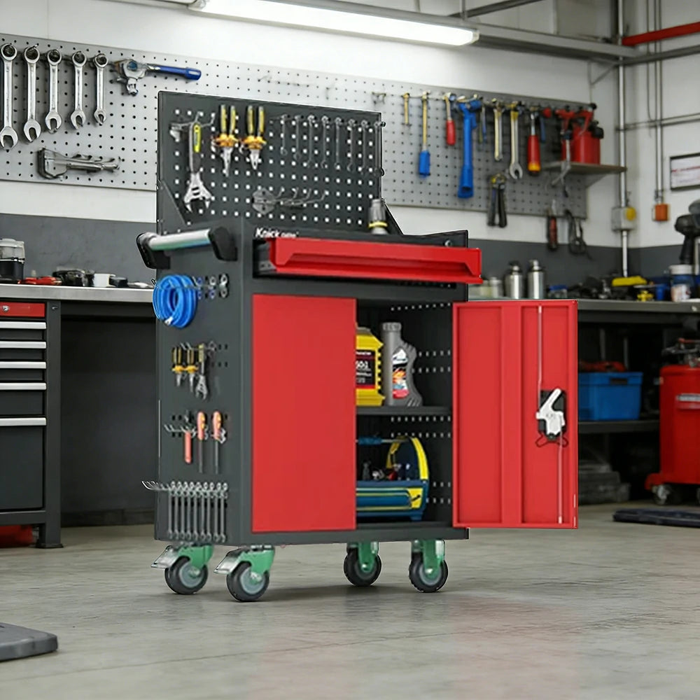 GROVIA Mobile Tool Trolley with Pegboard - Single Drawer Design, Heavy-Duty Steel Cabinet, Lockable Storage for Workshop & Garage - Red