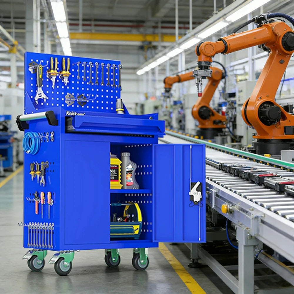 GROVIA Mobile Tool Trolley with Pegboard - Single Drawer Design, Heavy-Duty Steel Cabinet, Lockable Storage for Workshop & Garage - Blue