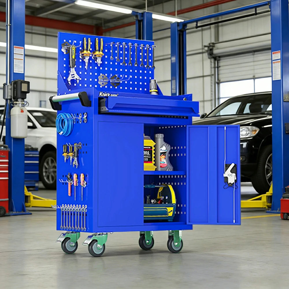 GROVIA Mobile Tool Trolley with Pegboard - Single Drawer Design, Heavy-Duty Steel Cabinet, Lockable Storage for Workshop & Garage - Blue