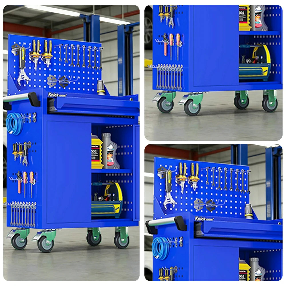 GROVIA Mobile Tool Trolley with Pegboard - Single Drawer Design, Heavy-Duty Steel Cabinet, Lockable Storage for Workshop & Garage - Blue