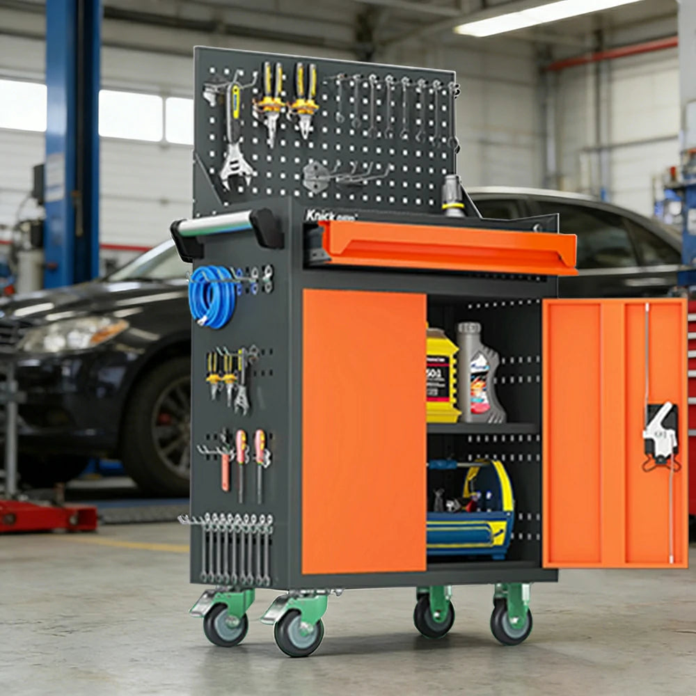 GROVIA Mobile Tool Trolley with Pegboard - Single Drawer Design, Heavy-Duty Steel Cabinet, Lockable Storage for Workshop & Garage - Orange
