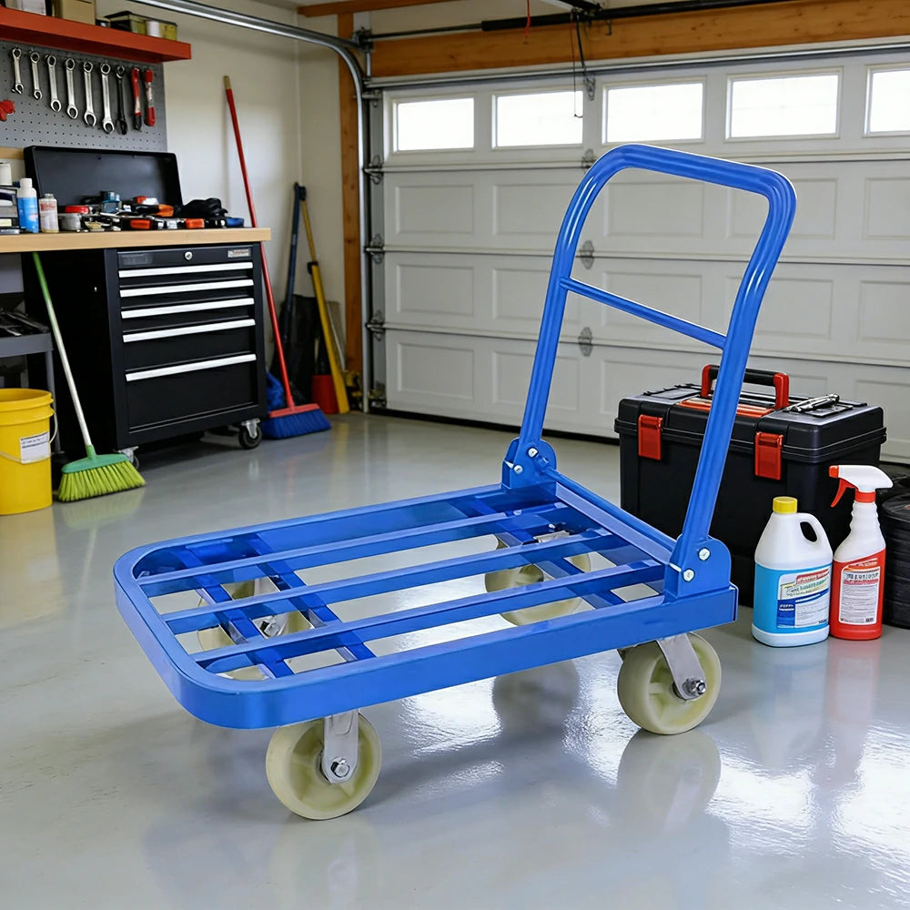 GROVIA Heavy-Duty Folding Platform Trolley - 75/90cm, 6-Inch Nylon Wheels, 350/425kg Load Capacity, Industrial Warehouse Transport - Blue
