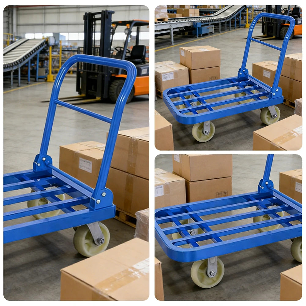 GROVIA Heavy-Duty Folding Platform Trolley - 75/90cm, 6-Inch Nylon Wheels, 350/425kg Load Capacity, Industrial Warehouse Transport - Blue