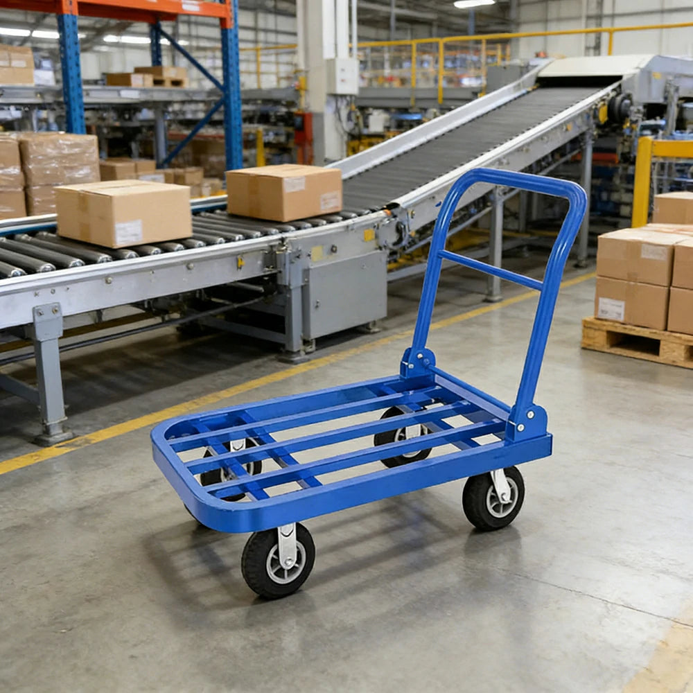 GROVIA Heavy-Duty Folding Platform Trolley - 75/90cm, Ultra-Quiet 6-Inch Black Rubber Wheels, 375/425kg Load Capacity, Industrial Warehouse Transport - Blue