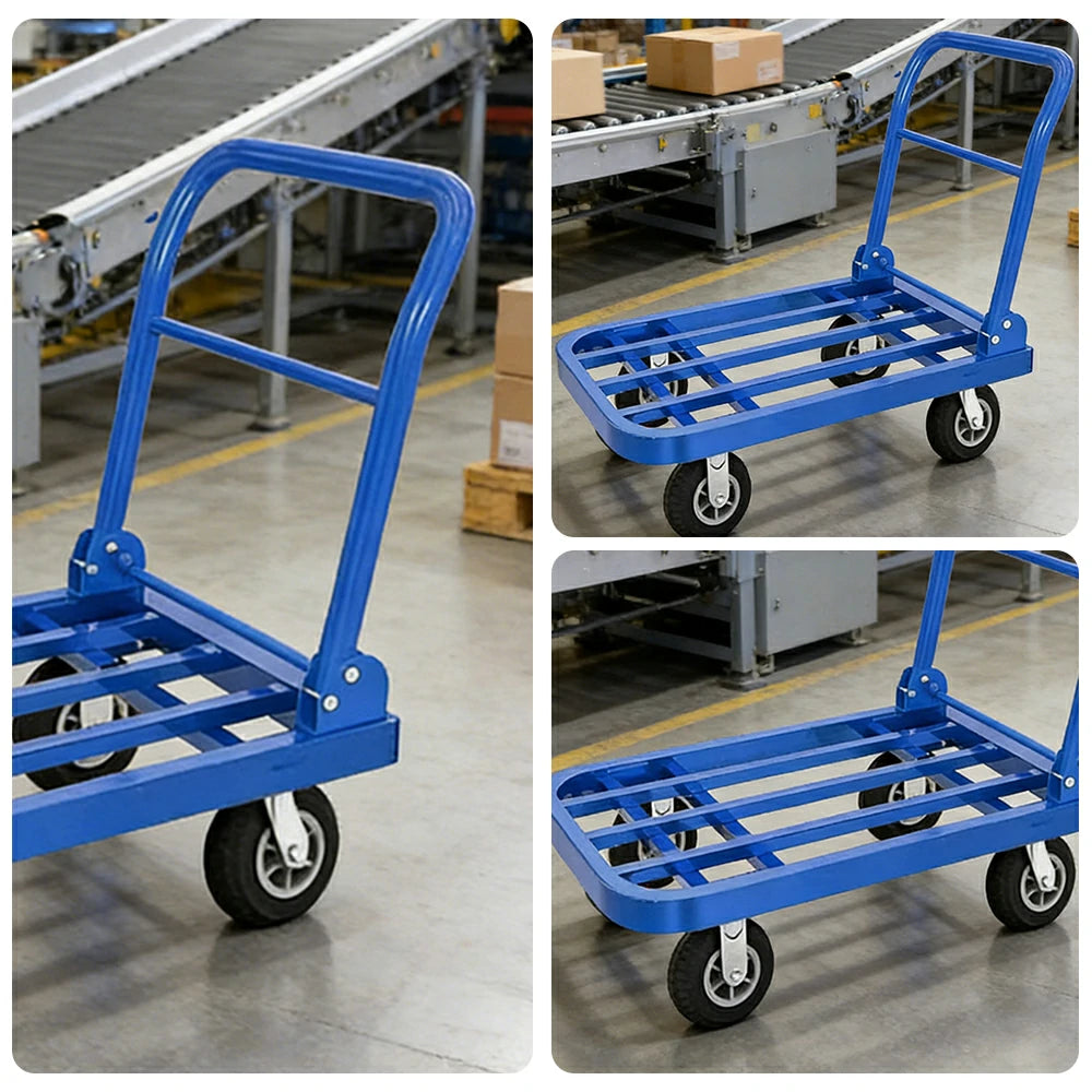 GROVIA Heavy-Duty Folding Platform Trolley - 75/90cm, Ultra-Quiet 6-Inch Black Rubber Wheels, 375/425kg Load Capacity, Industrial Warehouse Transport - Blue