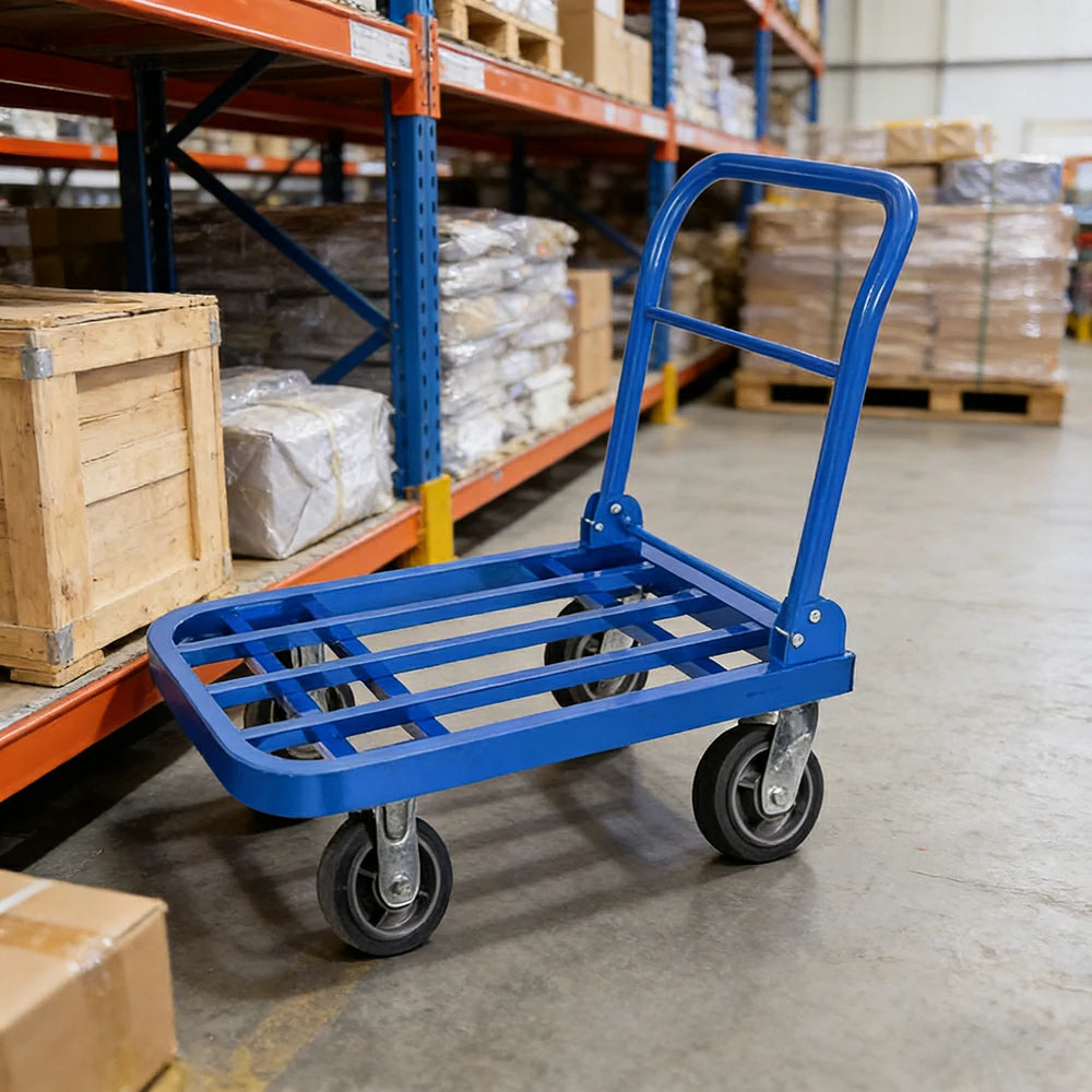 GROVIA Heavy-Duty Folding Platform Trolley - 75/90cm, Effort-Saving Design, 6-Inch Grey Rubber Wheels, 375/425kg Load Capacity, Industrial Warehouse Transport - Blue
