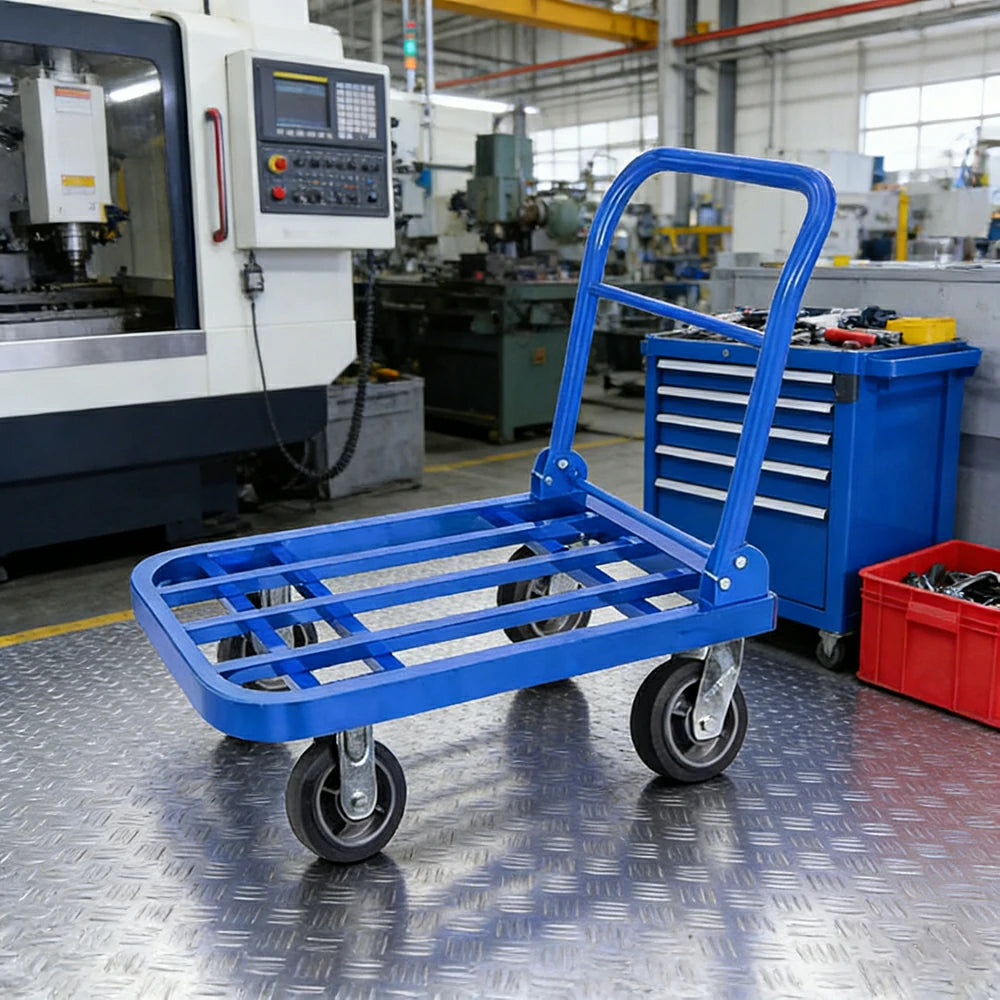 GROVIA Heavy-Duty Folding Platform Trolley - 75/90cm, Effort-Saving Design, 6-Inch Grey Rubber Wheels, 375/425kg Load Capacity, Industrial Warehouse Transport - Blue