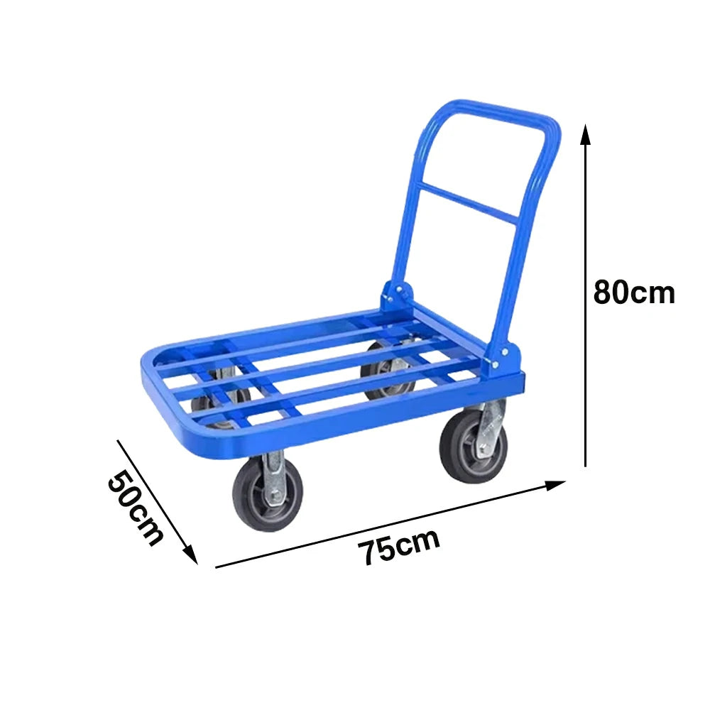 GROVIA Heavy-Duty Folding Platform Trolley - 75/90cm, Effort-Saving Design, 6-Inch Grey Rubber Wheels, 375/425kg Load Capacity, Industrial Warehouse Transport - Blue