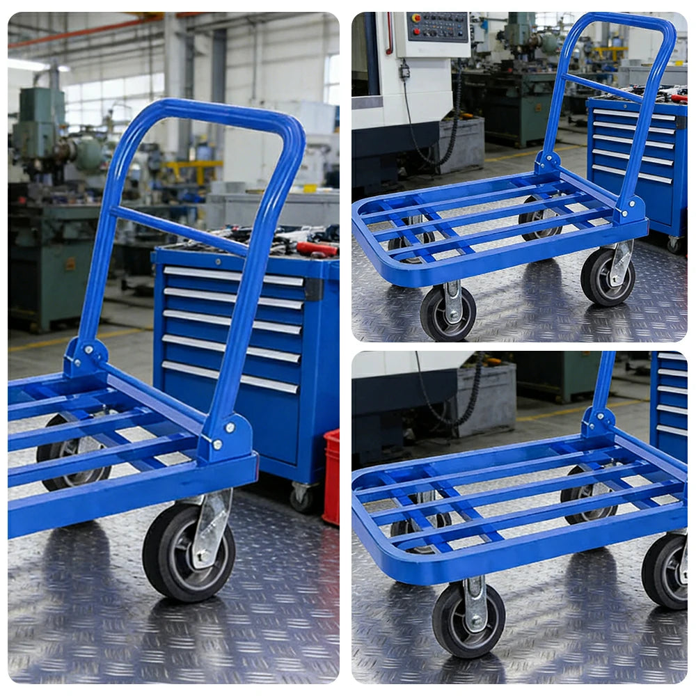 GROVIA Heavy-Duty Folding Platform Trolley - 75/90cm, Effort-Saving Design, 6-Inch Grey Rubber Wheels, 375/425kg Load Capacity, Industrial Warehouse Transport - Blue