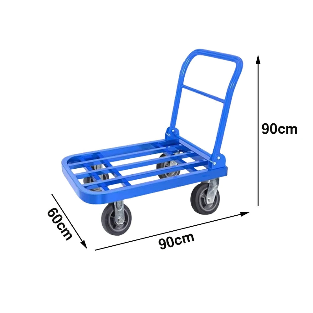 GROVIA Heavy-Duty Folding Platform Trolley - 75/90cm, Effort-Saving Design, 6-Inch Grey Rubber Wheels, 375/425kg Load Capacity, Industrial Warehouse Transport - Blue