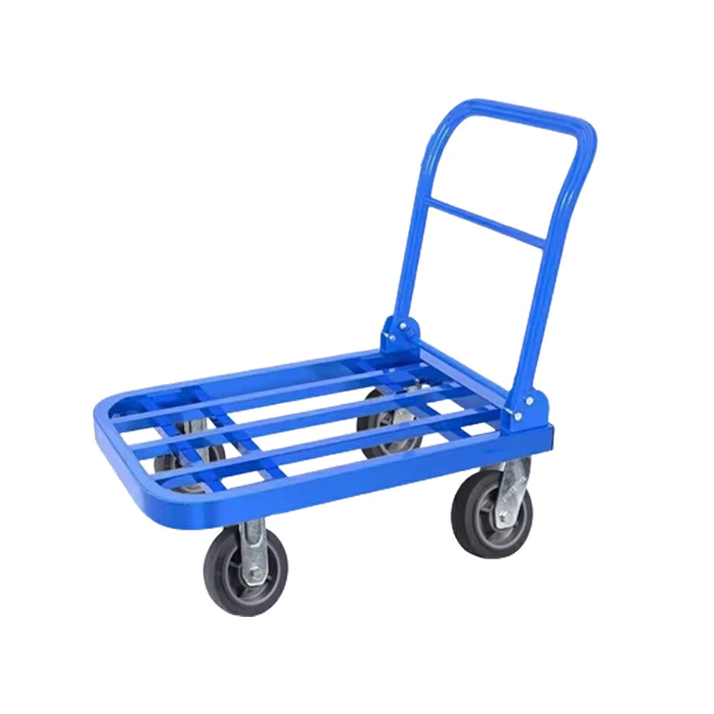 GROVIA Heavy-Duty Folding Platform Trolley - 75/90cm, Effort-Saving Design, 6-Inch Grey Rubber Wheels, 375/425kg Load Capacity, Industrial Warehouse Transport - Blue