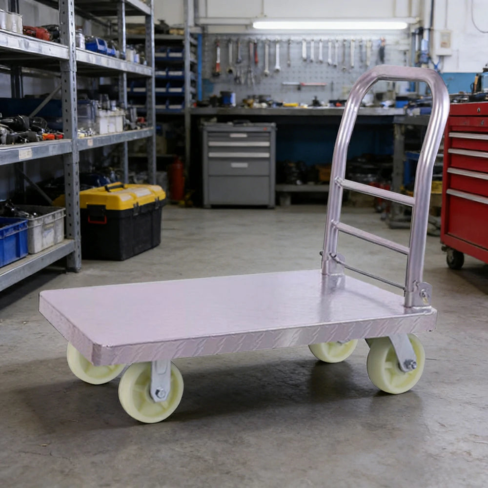 GROVIA Heavy-Duty Steel Platform Trolley - 73/90cm, 6-Inch Nylon Wheels, 350/450kg Load Capacity, Industrial Warehouse Transport - Silver