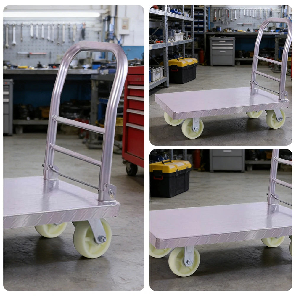 GROVIA Heavy-Duty Steel Platform Trolley - 73/90cm, 6-Inch Nylon Wheels, 350/450kg Load Capacity, Industrial Warehouse Transport - Silver