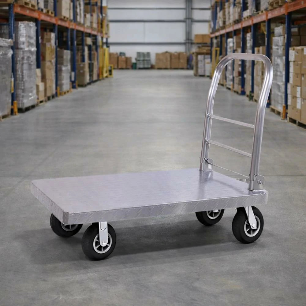 GROVIA Heavy-Duty Steel Platform Trolley - 73/90cm, 6-Inch Black Rubber Wheels Silent, 325/375kg Load Capacity, Industrial Warehouse Transport - Silver