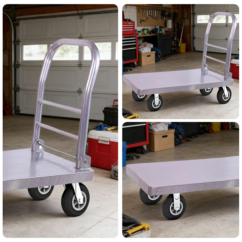 GROVIA Heavy-Duty Steel Platform Trolley - 73/90cm, 6-Inch Black Rubber Wheels Silent, 325/375kg Load Capacity, Industrial Warehouse Transport - Silver
