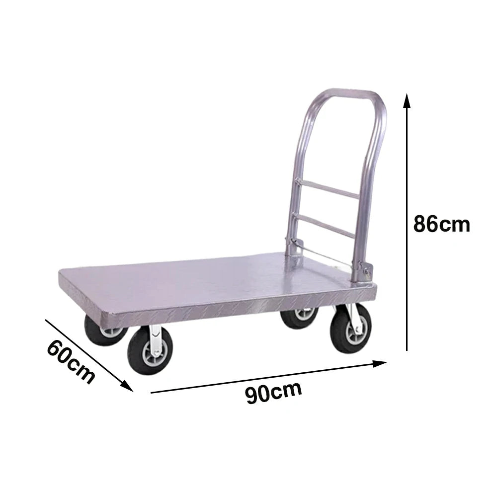 GROVIA Heavy-Duty Steel Platform Trolley - 73/90cm, 6-Inch Black Rubber Wheels Silent, 325/375kg Load Capacity, Industrial Warehouse Transport - Silver