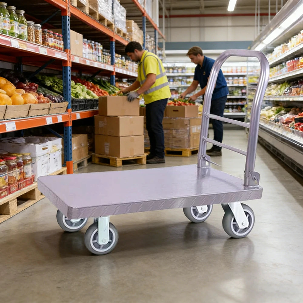 GROVIA Heavy-Duty Steel Platform Trolley - 73/90cm, Effort-Saving Silent 6-Inch Grey Rubber Wheels, 350/450kg Load Capacity, Industrial Warehouse Transport - Silver